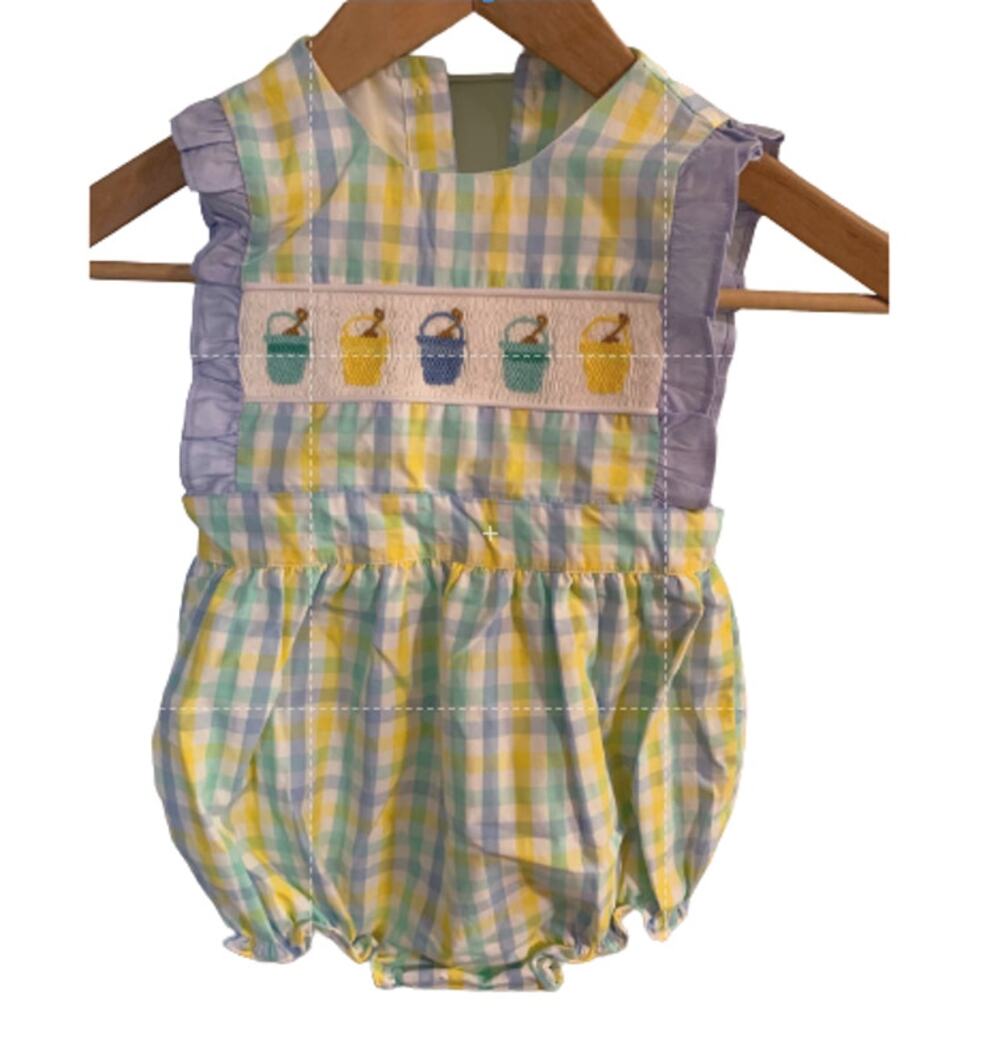 Smockingbird 3T Beach Sand Buckets Embroidered Gingham Romper One-Piece NWOT